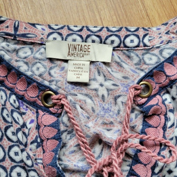 Vintage Havana Navy Blue And Pink Bohemian Printed Blouse Size Medium Tie Neck - Picture 6 of 8